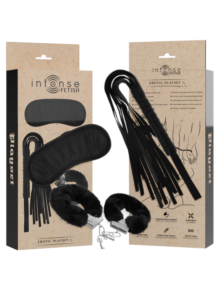INTENSE FETISH - SET ERÓTICO 1 CON ESPOSAS, ANTIFAZ Y LÁTIGO DE CUERO VEGANO