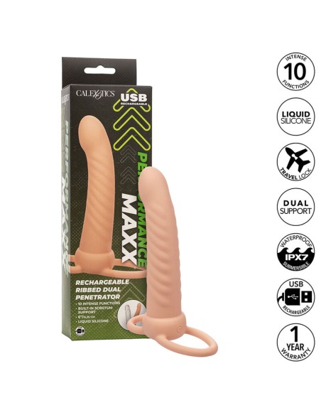 CALEXOTICS - MAXX RIBBED DUAL PENETRATOR 10 VIBRATIONS FLESH