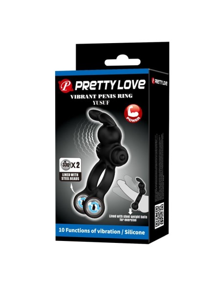 PRETTY LOVE - VIBRATING PENIS RING WITH BUNNY STIMULATOR 10 FUNCTIONS BLACK