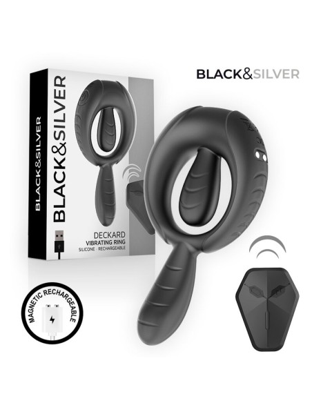 BLACK  SILVER - DECKARD RECHARGEABLE VIBRATING RING WITH REMOTE CONTROL BLACK