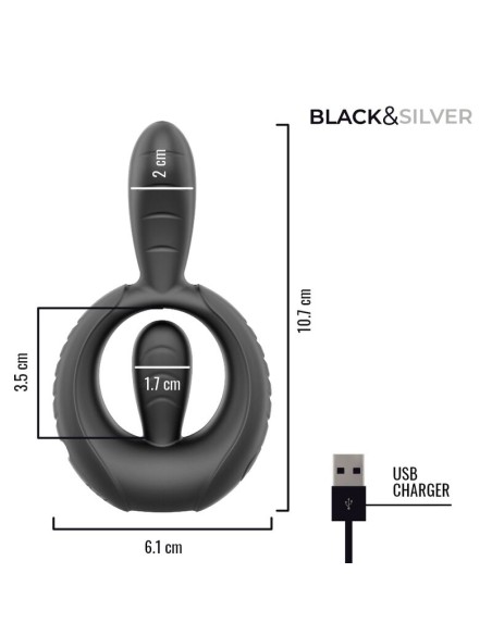 BLACK  SILVER - DECKARD RECHARGEABLE VIBRATING RING WITH REMOTE CONTROL BLACK