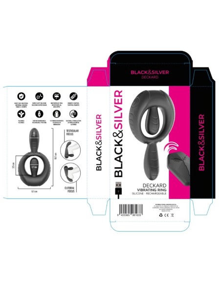 BLACK  SILVER - DECKARD RECHARGEABLE VIBRATING RING WITH REMOTE CONTROL BLACK