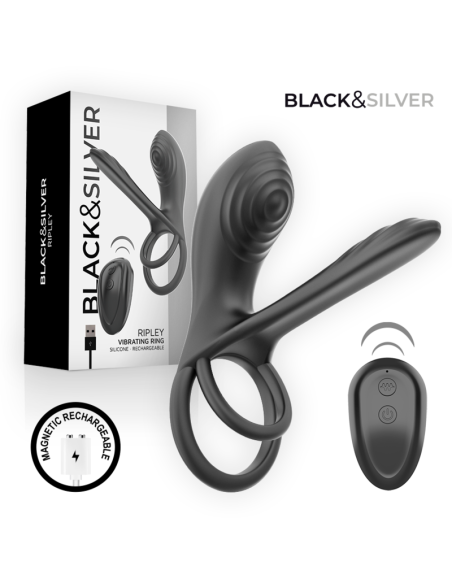 BLACK  SILVER - RIPLEY RECHARGEABLE VIBRATING RING WITH REMOTE CONTROL BLACK