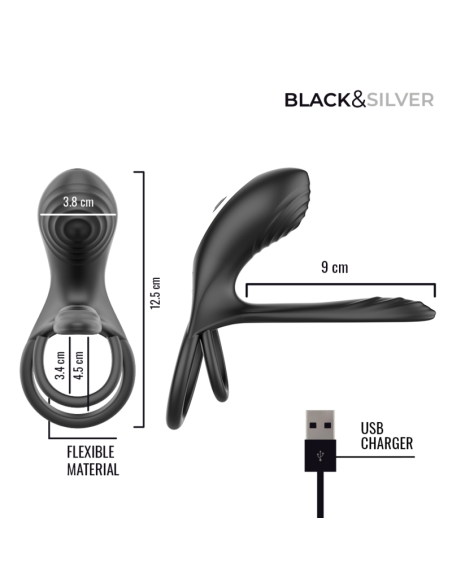 BLACK  SILVER - RIPLEY RECHARGEABLE VIBRATING RING WITH REMOTE CONTROL BLACK